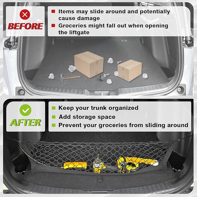 Muslogy Trunk Cargo Net Compatible with 2017-2022 Honda CR-V Accessories, SUV Sedan Cargo Organizer Storage Net with Heavy Duty Carabiners