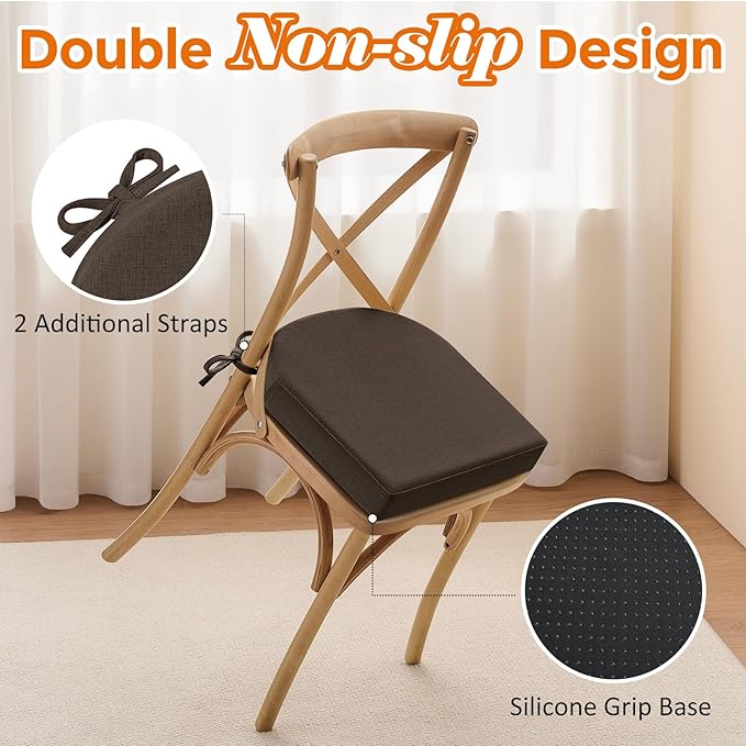 downluxe Chair Cushions for Dining Chairs, Memory Foam Linen Kitchen Chair Pads with Ties, Waterproof, Stain-Resistant and Washable Cover, 17" x 16" x 2.5", Brown, 4 Pack