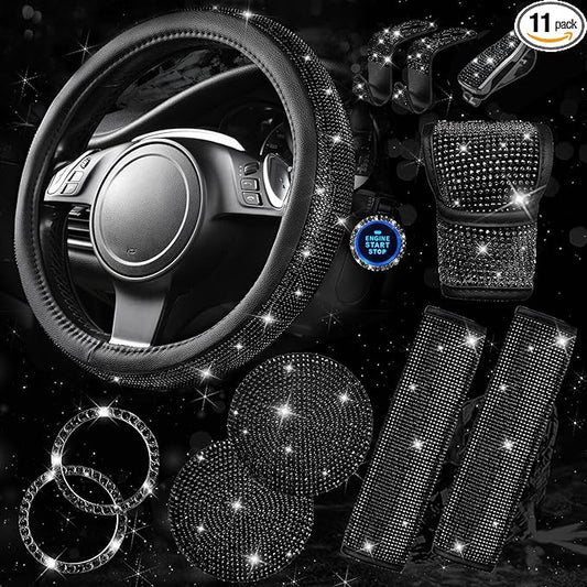 CAR PASS 11 PCS Bling Diamond Car Accessories for Women, Sparkly Rhinestone Steering Wheel Cover, Bling Seat Belt Cushion, Glitter Shift Knob Cover, Car Cup Holder Coaster, Cute Interior Sets Black