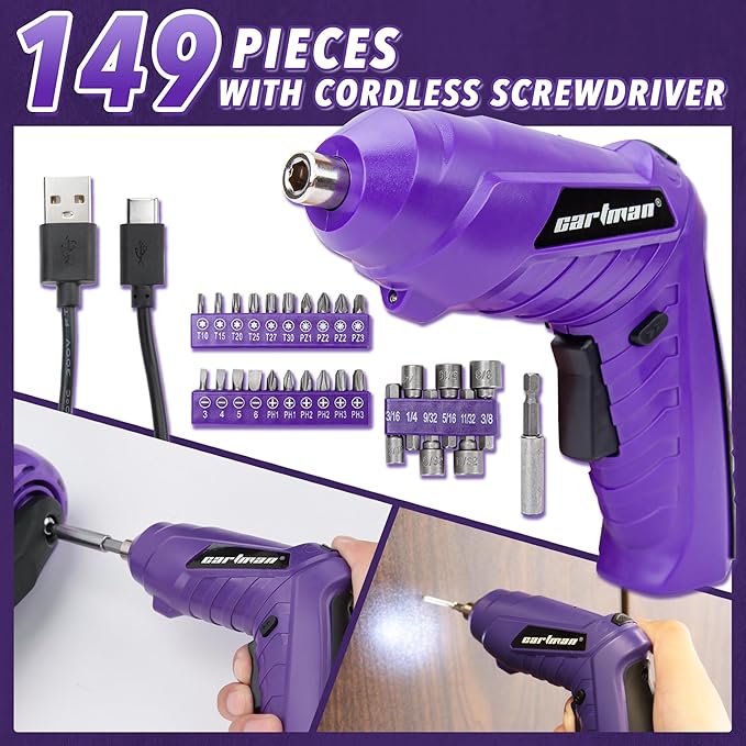 CARTMAN 149-piece Tool Set with Purple Cordless Screwdriver Essential Household Tool Box Hand Tool Kit