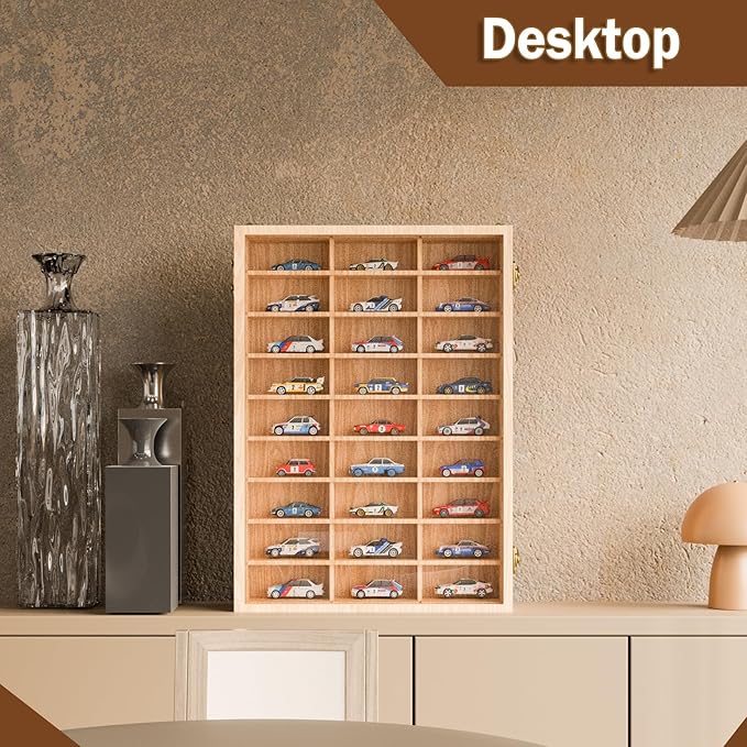 2 Pack Hot Wheels Storage Display Case Wall Mounted, Wooden Hotwheels Toy Car Storage 1/64 Display Case Shelf Organizer for 54 Hot Wheel Model Car (2, WoodColor, Only Case)