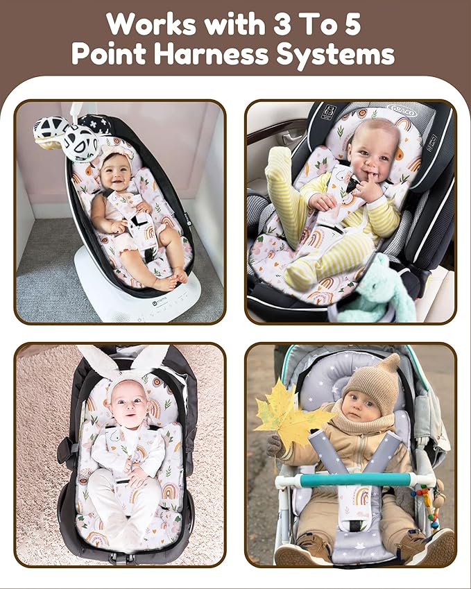 BOMOLOUR Infant Insert, Enlarged Head Support for Baby, Reversible Newborn Insert with 3 Strap Covers, 2-in-1 Baby Cushion for Stroller, Swing, Bouncer, Rocker - Brown Rainbow
