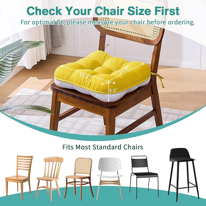 BETU Chair Cushions for Dining Chairs Set of 6,3.5" Thick Kitchen Table Chair Pads with Ties,Non Slip Backing and Covers, Seat Cushion for Dining Room,Bar,Patio Chairs,15.5"X15.5"X3.5",Gold