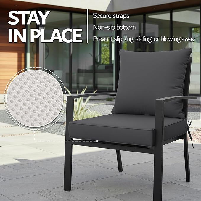 24x24 Inch Outdoor Chair Cushion with Removable Cover, Patio Furniture Cushion - Water-Repellent, Fade-Resistant, Non-Slip Bottom & Straps, Replacement for Deep Seat Sofa & Couch - Dark Grey