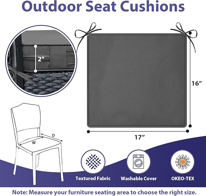 IPYNBAP Outdoor Chair Cushions Set of 4 -Waterproof Outdoor Seat Cushions for Patio Furniture, Patio Chair Cushion with Handle and Ties, Out Door Chair Pads,17x16x2-Square, Dark Grey