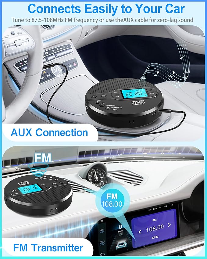 Sunoony Portable CD Player with Bluetooth, Walkman CD Player with FM Transmitter and Speakers for Car, Rechargeable Discman with Anti-Skip Protection, Headphones, LCD Display (Black)