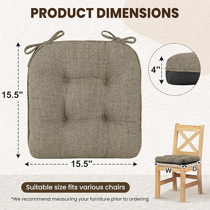 downluxe Indoor Chair Cushions for Dining Chairs, Tufted Overstuffed Textured Memory Foam Kitchen Chair Pads with Ties and Non-Slip Backing, 15.5" x 15.5" x 4", Khaki, 4 Pack