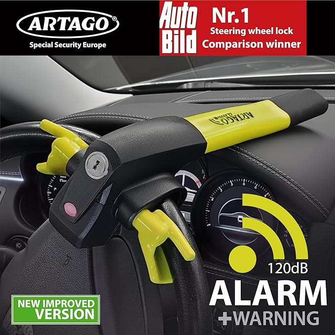 ARTAGO 870 High-End Steering Wheel Lock 2in1 | Smart Alarm, 120dB, Theft Attempt Warning, Night LED Alert | More Secure & Deterrent Around a Spoke, Best Anti-Theft Device for Car SUV Pickup-Truck Van