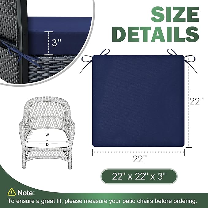 Outdoor Chair Cushions Set of 2, 22x22x3 Inch Waterproof & Fade Resistant Patio Furniture Seat Cushions with Ties, Square Outdoor Dining Chair Cushions for Lawn, Garden, Deck & Yard, Navy Blue