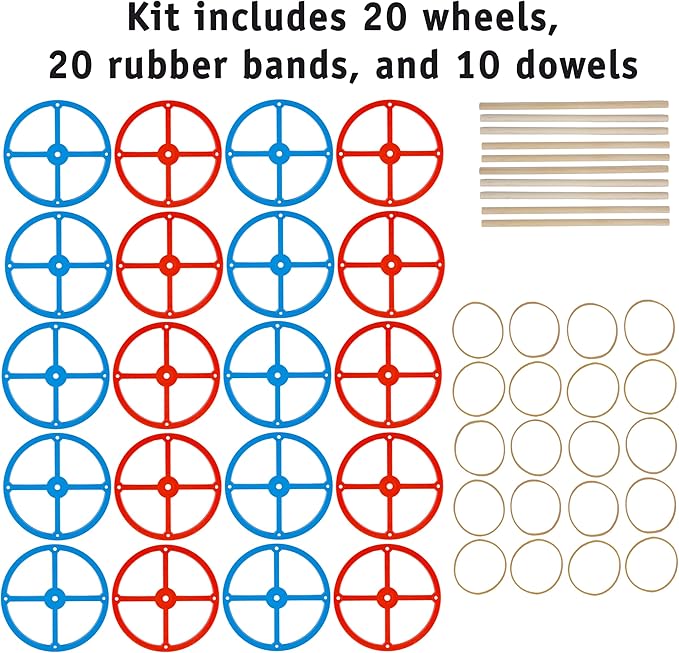 Large Plastic Toy Project Wheels and Axles, for Mousetrap Car and Rubber Band Car Projects, 20 Wheels, 20 Rubber Bands, 10 Dowels