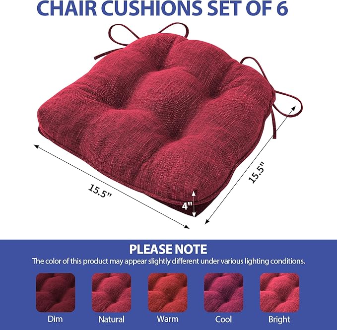 IPYNBAP Chair Cushions for Dining Chairs Set of 6, Red Kitchen Chair Cushions, Chair Pads with Ties and Non Slip Backing, Christmas Room Decor, Tufted Memory Foam Seat Cushion 6 Pack, 15.5"x15.5"x4"