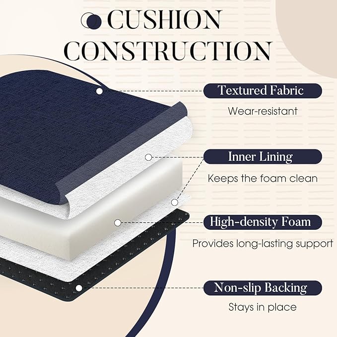 Basic Beyond Chair Cushions for Dining Chairs with Ties and Removable Cover, 2" Thick Seat Cushions for Kitchen Chairs, Set of 6, 17" x 16", Navy
