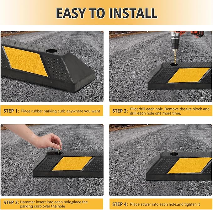 PeakPursuit 4 Pack 72" Rubber Parking Curb, Curb Parking Stoppers, 6 ft Wheel Stopper with Reflective Stripes for Cars and Trucks Durable Parking Lot Bumper