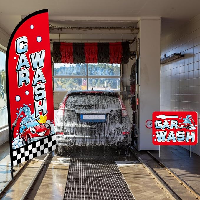 Car Wash Feather Flag Pole Kit Include 7 ft Banner Flag with Poles 5 Pcs Car Wash Sign and 10 Pcs Ground Stake for Outside Business Stores Shops Decoration