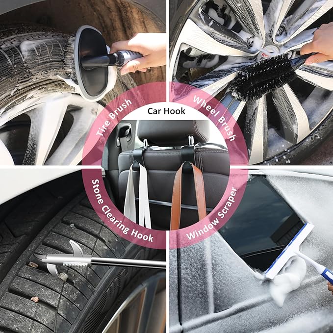 41Pcs Car Cleaning Wash Kit Interior Detailing Cleaner Kit with High Power Handheld Vacuum, Collapsible Bucket, Windshield Tool, Snow Shovel, Tire Brush, Complete Car Care Tools, Pink