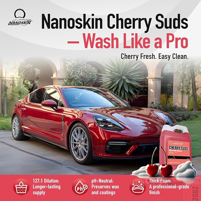 Nanoskin CHERRY SUDS Foaming Car Wash Shampoo 55 Gallons- Works with Foam Cannon, Foam Gun, Bucket Washes, Car Soap for Pressure Washer | Safe for Cars Trucks, Motorcycles, RVs & More | Cherry Scented