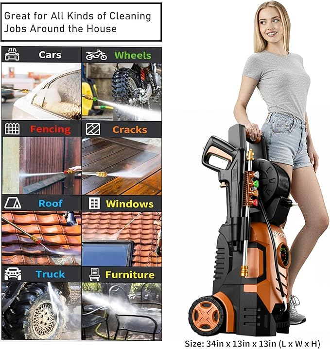 2026Upgraded Pressure Washer 5000PSI with Adjustable Touch Screen 8 Level, 34" Tall, 4 Quick Connect Nozzles,Inlet Hose&Filter&500mlFoam Cannon for Cars/Fences/Driveways/Home Cleaning,Red