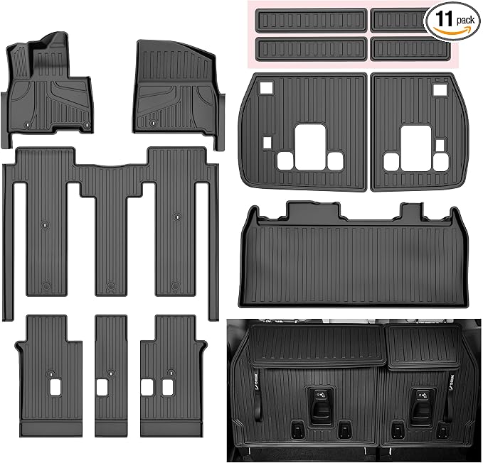 11 PCS Floor Mats for 2025 2026 Kia Carnival Hybrid 8-Seater (Not for Gas) - All Weather TPE Floor Liners Cargo Liner with Backrest Mats Carnival Accessories Custom Fit Trunk Mats Full Set, Black