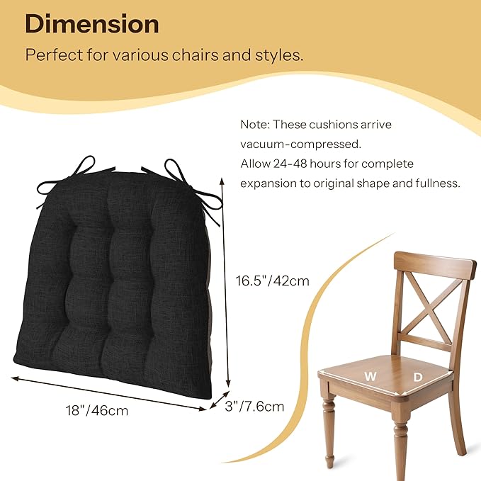 Chair Cushions for Dining Chairs Set of 2 Durable D-Shaped Seat Cushions with Non-Slip Backing Secure Ties Thick Cozy Seat Pad for Kitchen Dining Room Office(18x16.5x3in Black)