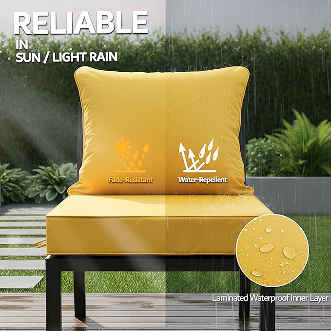 22x22 Inch Patio Chair Cushions Set of 2, Outdoor Furniture Cushions - Removable Cover, Water-Repellent, Fade-Resistant, Non-Slip Bottom & Straps, Replacement for Lawn, Porch & Deck Chair - Yellow