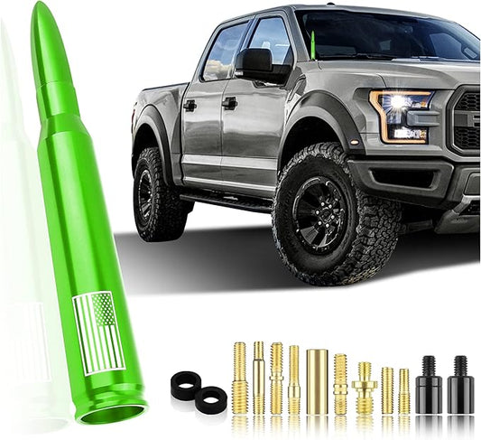 Car Bullet Antenna,Truck Exterior Decoration Accessories Car Vehicle Replacement Antenna Conpatible with Ford F150 RAM 1500 GMC Heavy Duty Pickup Trucks Accessories(New Upgrade Green-U.S. Flag)…