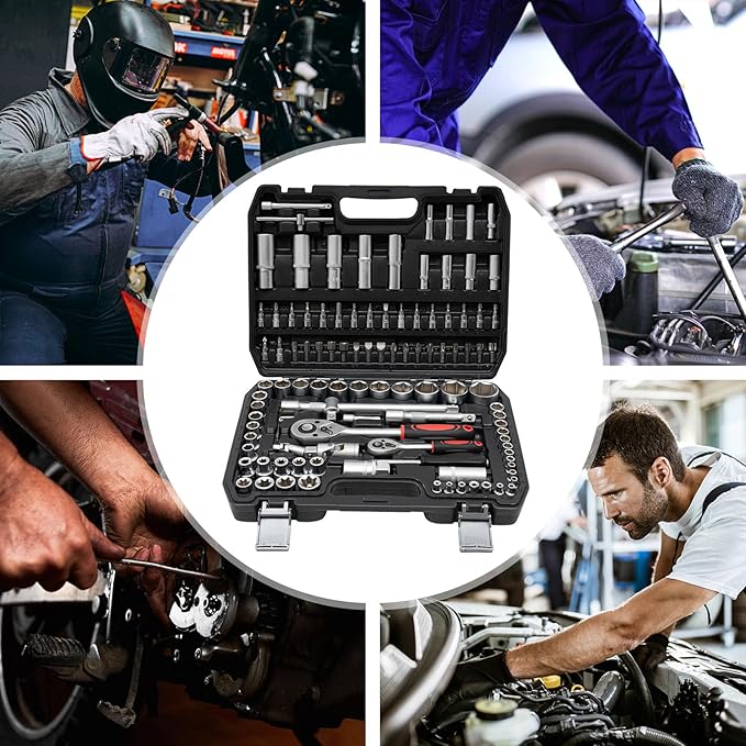 LYNICESHOP 108Pcs Mechanical Tools Kit, Ratchet Wrench Mechanics Tools Kit Metric 1/4 And 1/2 Drive Socket Set Sockets,Quick Release Reversible Ratchet Wrench Fit For Diy Car Motorcycle Repair