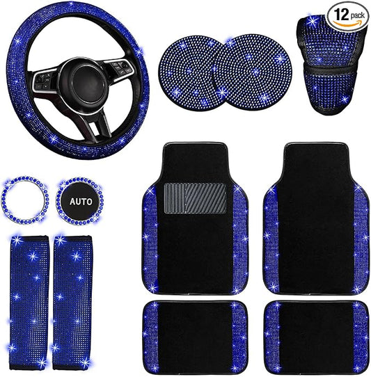 NBTEPEM 12 Pcs Bling Car Accessories Set for Women Car Floor Mats Full Set Steering Wheel Cover Seat Belt Covers Coasters Universal Fit Car SUV Truck Van Blue