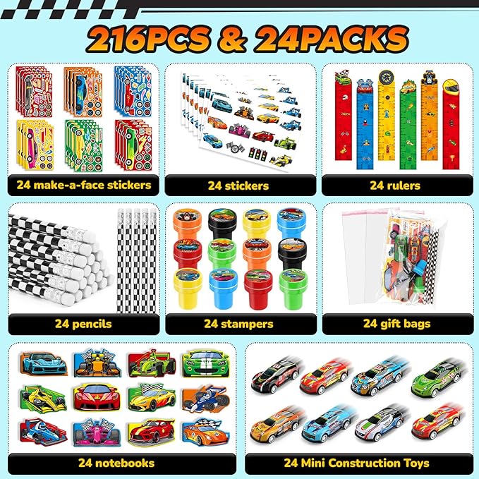 BenLouis 192Pcs Race Car Party Favors Racing Theme School Stationery Set Bulk for Kids Fast Racecar Wheel Birthday Party Goodie Bag Stuffers Classroom Gifts Rewards Pinata Filler