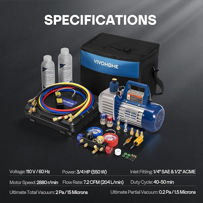 VIVOHOME 110V 3/4 HP 7.2CFM 2 Stage HVAC Vacuum Pump and 4 Way AC Manifold Gauge Set Kit with Leak Detector 5ft Hoses for R134a R12 R22 R502 R410a Auto Air Conditioning Refrigeration Recharging