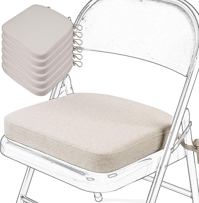 SINOSSO Memory Foam Chair Cushions for Folding Chairs 6 Pack, Thickened 2" Square Pads with Ties for Kitchen Chairs, Indoor Non-Slip Dining Chair Seat Cushions (Set of 6, Oatmeal Beige)