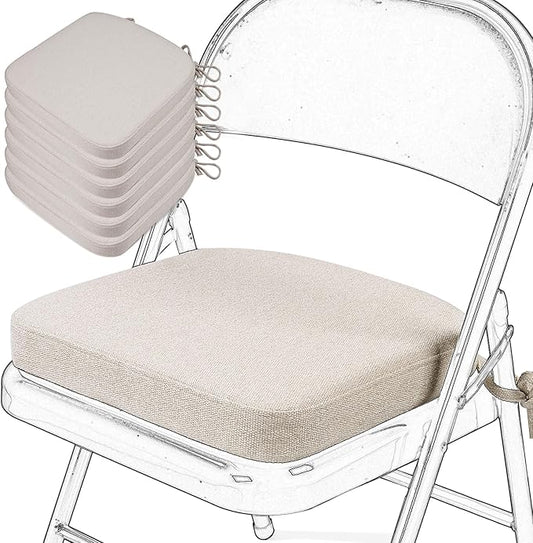 SINOSSO Memory Foam Chair Cushions for Folding Chairs 6 Pack, Thickened 2" Square Pads with Ties for Kitchen Chairs, Indoor Non-Slip Dining Chair Seat Cushions (Set of 6, Oatmeal Beige)