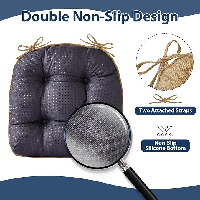 IASEAHK Chair Cushions for Dining Chairs, Seat Cushions for Kitchen Chairs, Indoor Seat Cushions with Ties, Tufted Foam Chair Pads, Non Slip Chair Cushions Set of 4, 15.5" x 15.5" x 4", Khaki