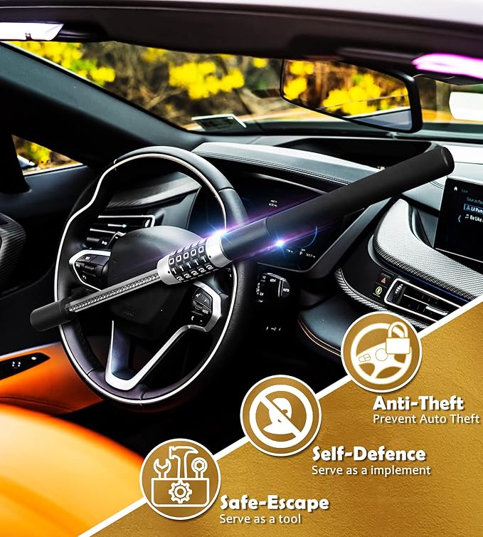 Tevlaphee Steering Wheel Lock, Car Lock Anti Theft Keyless Extendable Retractable Password 5 Coded Combination Lock, Heavy Duty Universal Fit (Black)