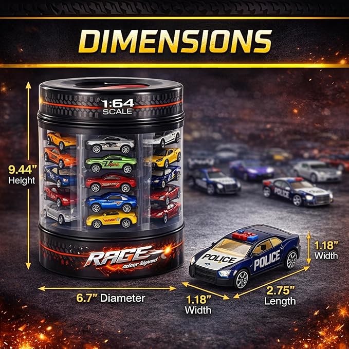 25 Piece Diecast Cars Pack Toy Playset in Storage Carrying Tub - 1:64 Scale Metal Alloy Die-cast Vehicles Collection for Kids