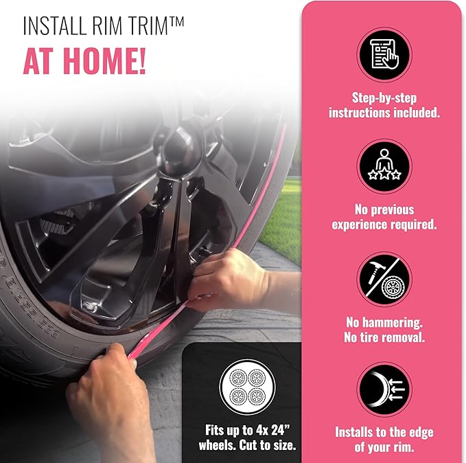All-Fit Automotive Rim Trim – Durable DIY Car Exterior Accessories for Curb Rash Protection – Fits Up to Four 24” Wheels – Flexible, Durable Wheel Rim Protector (3/8″ width/Pink)