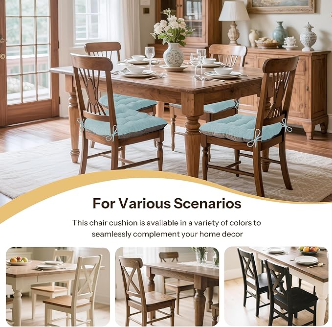Non Slip Chair Cushions for Dining Chairs Set of 4 Kitchen Chair Cushions 18"x18"x3" Turfted Chair Pads Comfortable and Soft Seat Cushion with Ties, Aqua Blue