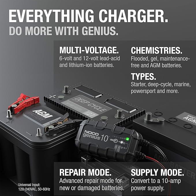 NOCO GENIUS10: 10A 6V/12V Smart Battery Charger – Automatic Maintainer,Trickle Charger&Desulfator with Overcharge Protection&Temperature Compensation – for Lead-Acid-&Lithium Batteries,(Pack of 4)