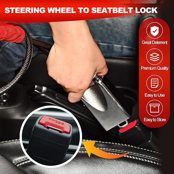 KAYCENTOP Car Steering Wheel Lock, Seat Belt Lock, Car Locks Anti-Theft Device with Aluminum Alloy Lock Housing, Max 17 Inch Length, High Visibility and Light-Weight, Universal Fit, 3Keys(Red)