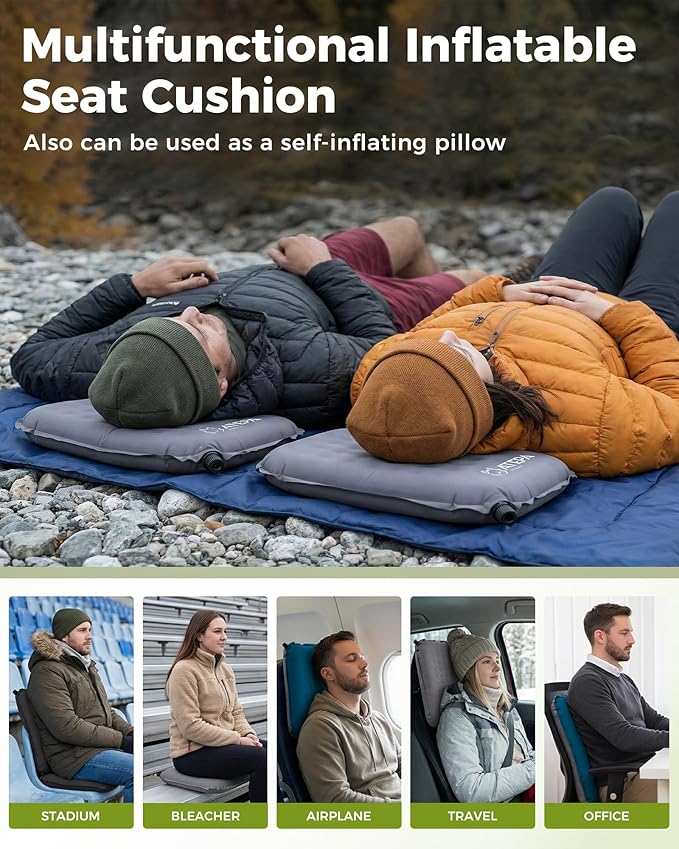 ATEPA Inflatable Seat Cushion, Compact Self-Inflating Seat Cushion for Stadium Airplane Air Travel Bleacher Camping, Blow Up Foam Seat Pad for Outdoor Sports Events Backpacking Hiking Sitting