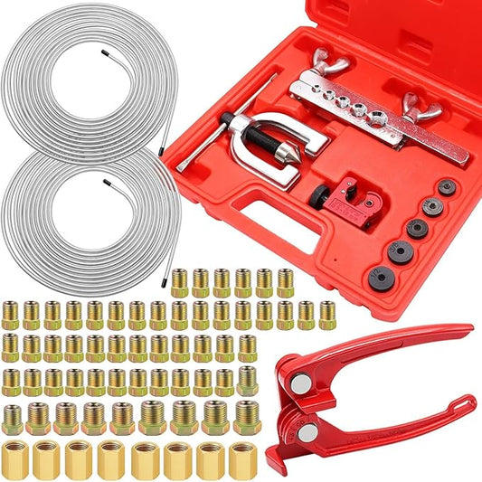 25 ft 3/16 + 1/4 Zinc Coated Alloy Brake Line Kit(Includes 48 Fittings and 8 Unions) with Tube Bender and Double & Single Flaring Tool Kit