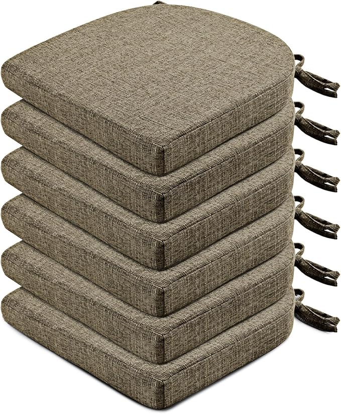 Wellsin Chair Cushions for Dining Chairs 6 Pack - Kitchen Chair Cushions with Ties and Non-Slip Backing - Dining Chair Pads 16"X16"X2", Khaki