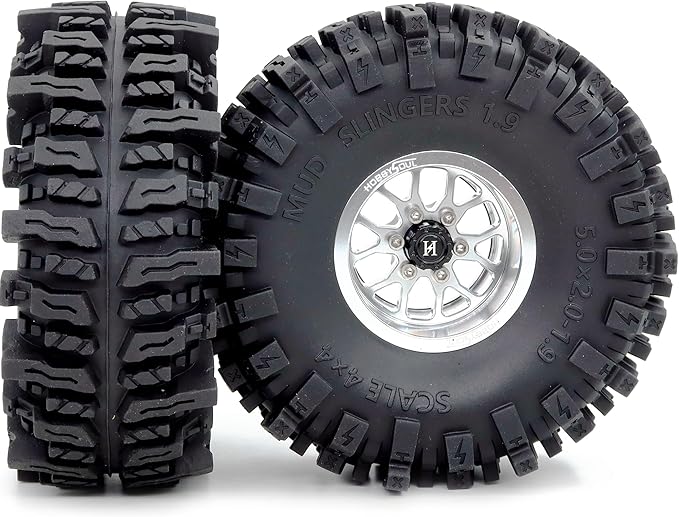 HOBBYSOUL 5.0'' Tall 1.9 Mud Slingers T8 tires & -10.5mm Negative Offset 1.9 Beadlock wheels rims For 1/10 Crawler SCX10 TRX4 high Trail Upgrades, HS701548