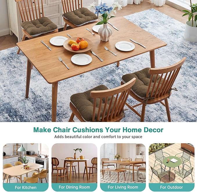 BETU Chair Cushions for Dining Chairs Set of 4,3.5" Thick Kitchen Table Chair Pads with Ties,Non Slip Backing and Covers, Seat Cushion for Dining Room,Bar,Patio Chairs,15.5"X15.5"X3.5",Brown