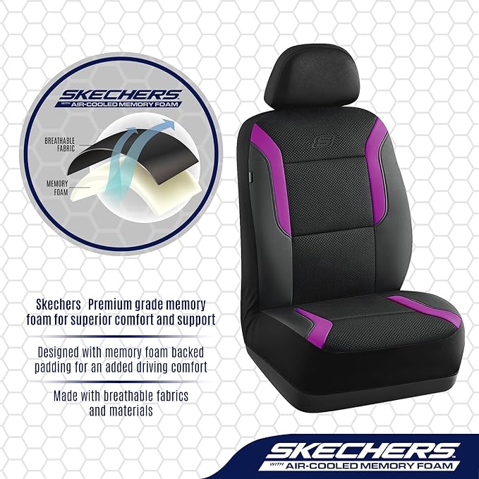 Skechers Memory Foam Car Seat Covers, Air Cool Mesh Thick Seat Covers,Car Seat Covers Front Seats,Airbag Compatible, Automotive Comfort Protection for Most Cars,Van,Trucks, SUVs,Purple