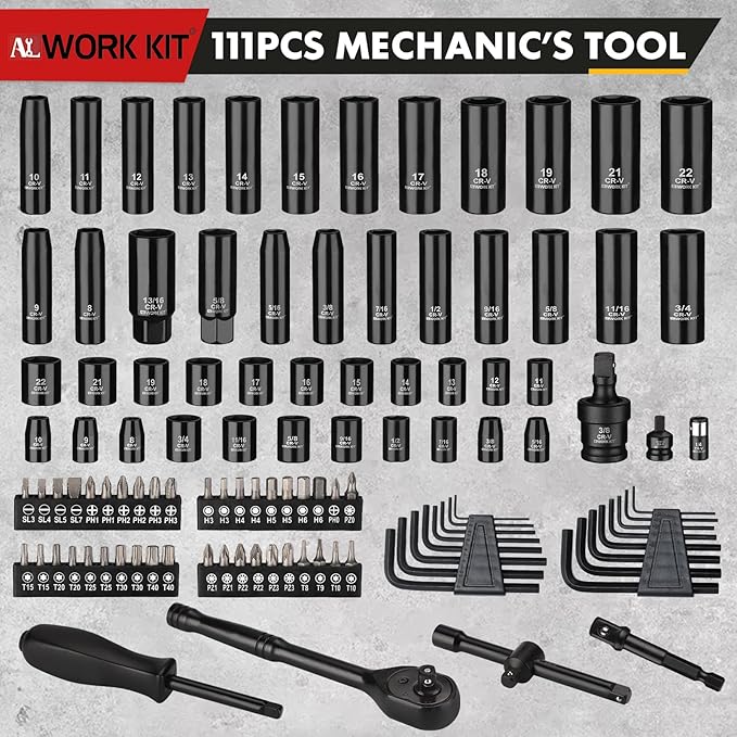 Mechanics Tool Set 111Pcs, Metric(8-15mm) & SAE(5/16"-3/4") Socket Set, CR-V Deep & Shallow Socket Kit with Quick Release Ratchet, Drive Adapters, Universal Joint, Hex Key Set & Bit Set