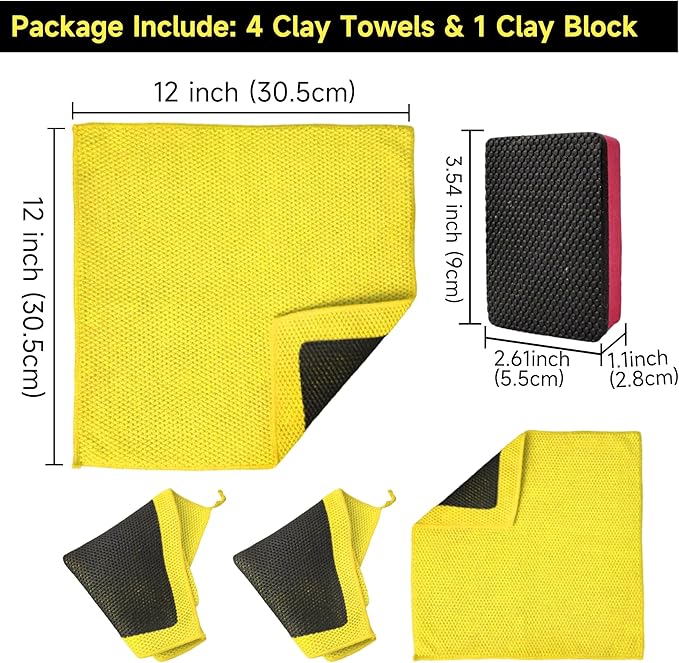 Upgrade Clay Towels and Pad Set 5PCS - Perforated Synthetic Decontamination Towel for Car Detailing, Cleaning & Release of Paint Contaminants, 4pcs Clay Bar Towels 12x12 Yellow, & 1pcs Red Pad