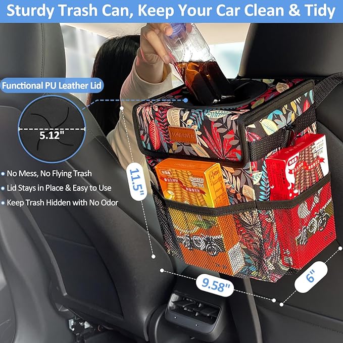 ELONGRIVER Car Trash Can Bin for Back Seat Leak Proof, Cute Car Trash Bag Hanging, Vehicle Trash Can for SUV Truck Van, Automotive Garbage Cans Front Seat Red Leaves