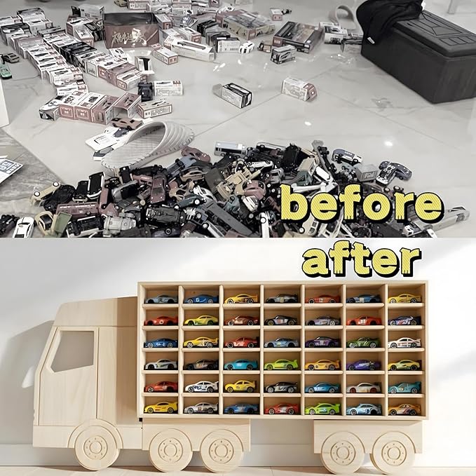 Wood Car Display Shelf, Toy Car Storage Organizer for 1/64 Scale Diecast Cars, Holds 42 Models, Freestanding & Wall-Mounted Rack, Model Car Display Case
