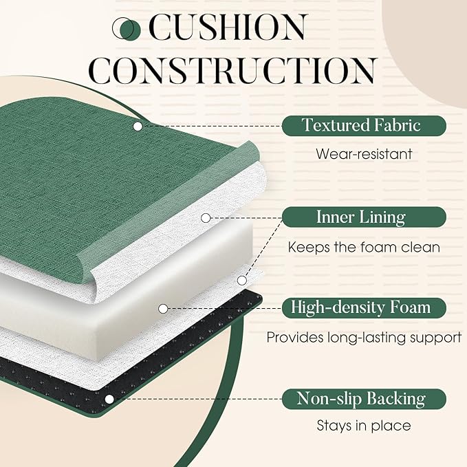 Basic Beyond Chair Cushions for Dining Chairs with Ties and Removable Cover, 2" Thick Seat Cushions for Kitchen Chairs, Set of 6, 17" x 16", Forest Green