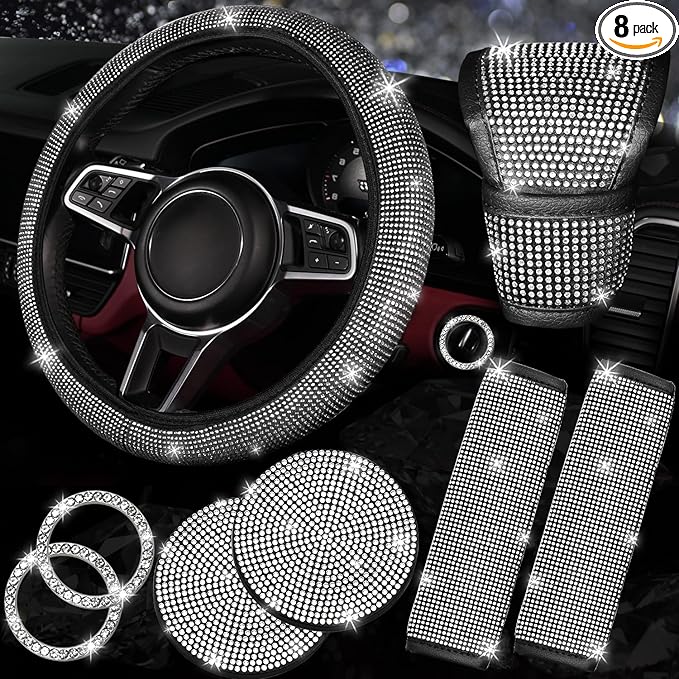 NBTEPEM 8 pcs Bling Car Accessories Set for Women, Steering Wheel Cover, Sparkly Seat Belt Covers, Bling Gear Shift Cover, Universal Fit Most Cars (Silver Diamond)